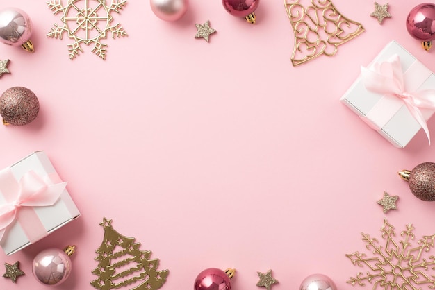 Foto vista dall'alto di decorazioni natalizie palline rosa campana d'oro pino ornamenti a forma di fiocco di neve scatole regalo bianche e stelle lucenti su sfondo rosa pastello isolato con spazio vuoto nel mezzo