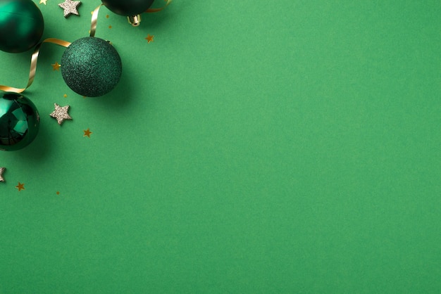 Top view photo of christmas decorations in the upper left corner green balls small glowing stars golden star shaped confetti serpentine and sequins on isolated green background with blank space