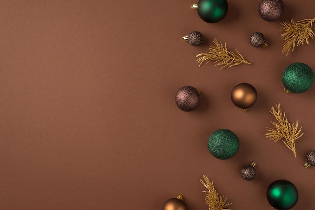 Top view photo of christmas tree decorations green brown golden balls and golden pine branches on isolated brown background with copyspace