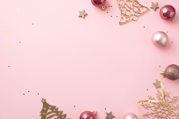 Top view photo of christmas tree decorations pink balls gold bell pine snowflake shaped ornaments glowing stars serpentine and sequins on isolated pastel pink background with empty space