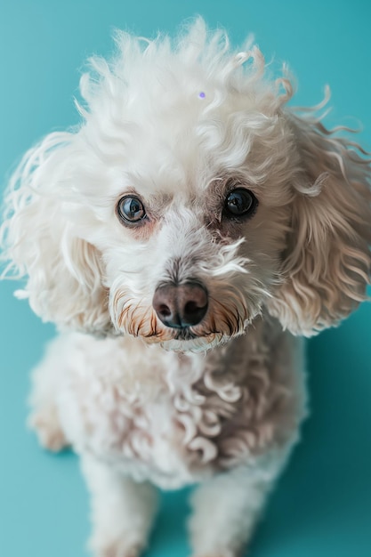 青い背景に座っているかわいい白いプードルの上面写真