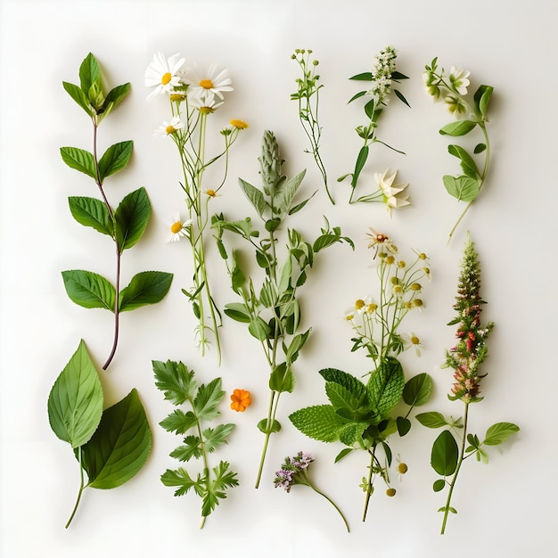 Top view photo of different types of herbs Botanicals laying one by one High quality