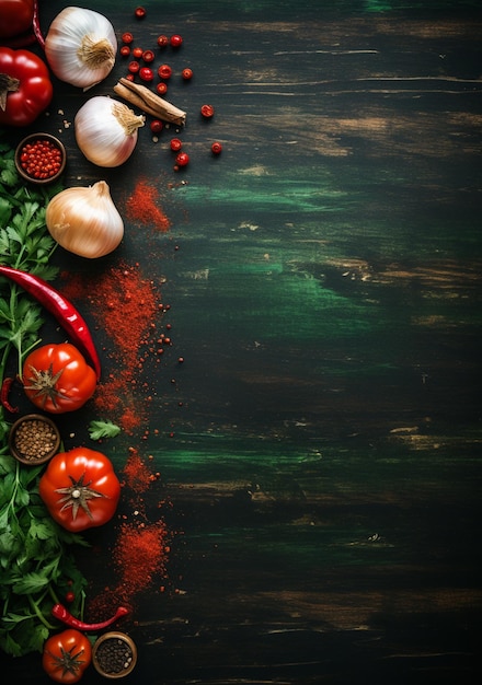 Top view photo of different vegetables with text field on old board