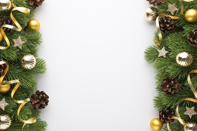 Top view photo of gold and silver christmas tree balls pine cones small stars and serpentine on pine branches on isolated white background with empty space