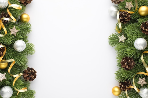 Top view photo of gold and white christmas tree balls pine cones small stars and serpentine on pine branches on isolated white background with copyspace