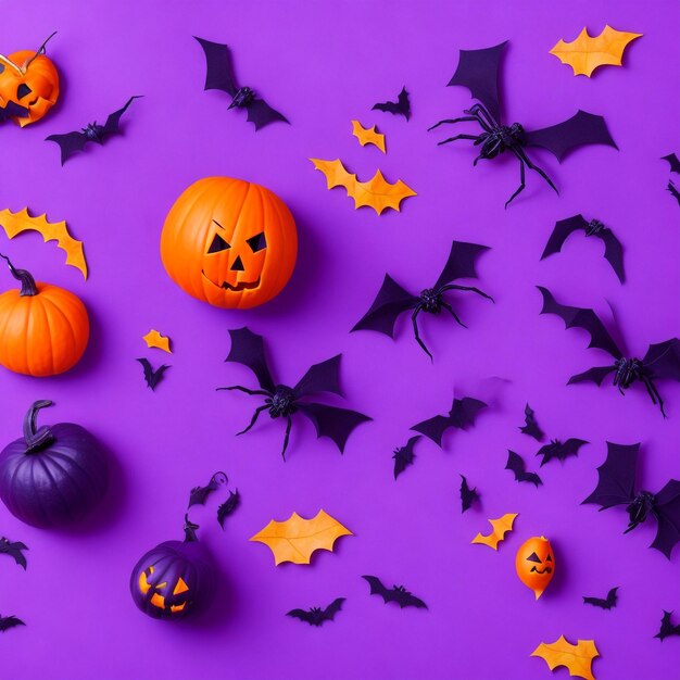 Top view photo of halloween decorations bats spiders web candy corn cats pumpkins silhouettes flying