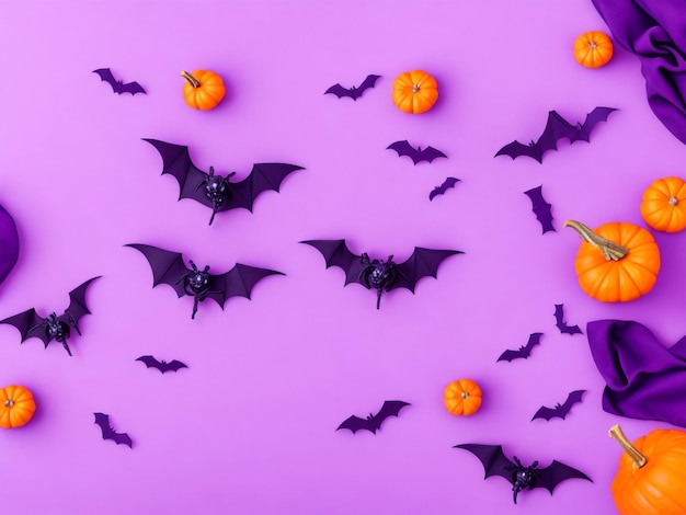 Top view photo of halloween decorations bats spiders web candy corn cats pumpkins silhouettes flying