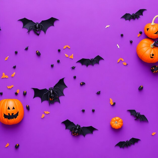 Top view photo of halloween decorations bats spiders web candy corn cats pumpkins silhouettes flying