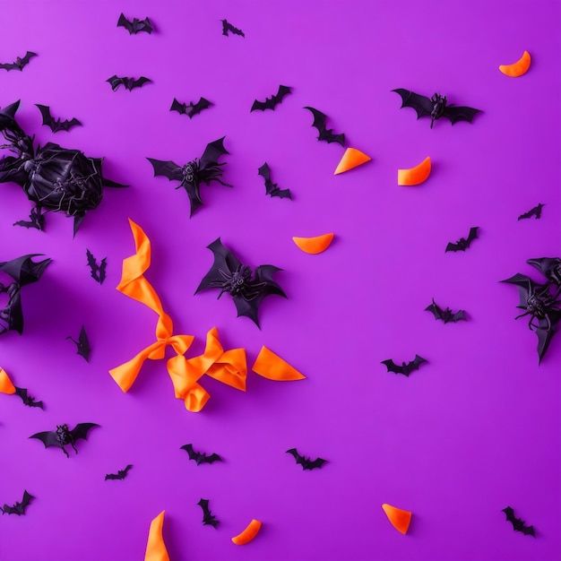 Top view photo of halloween decorations bats spiders web candy corn cats pumpkins silhouettes flying