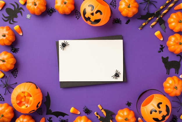 Photo top view photo of halloween decorations pumpkin baskets candy corn spiders web cat bats silhouettes straws black envelope and white card on isolated violet background with empty space