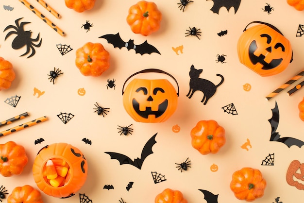 Top view photo of halloween decorations pumpkin baskets candy corn straws spiders web cats and bats silhouettes on isolated beige background