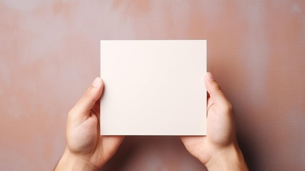 Photo top view photo of hands holding envelope and white card on isolated pastel background empty space