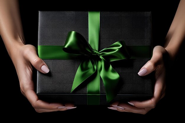 Top view photo of hands unpacking giftbox with green ribbon on black background