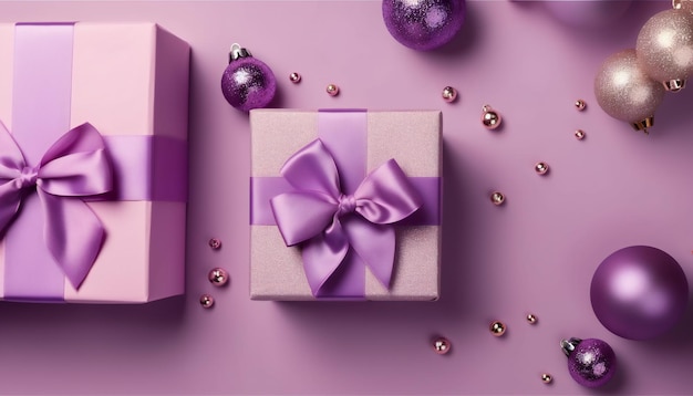 Top view photo of lilac gift boxes with ribbon bow