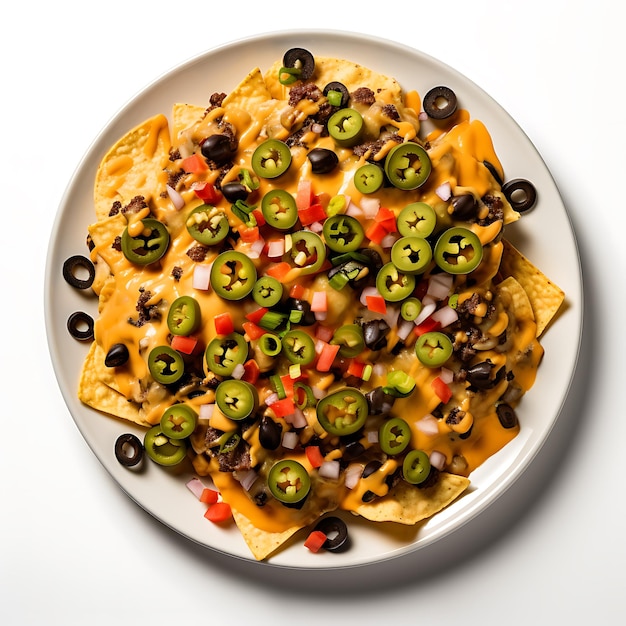 a top view photo of loaded nachos topped with jalapenos black olives and cheese sauce