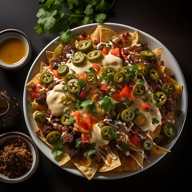 a top view photo of loaded nachos topped with jalapenos black olives and cheese sauce