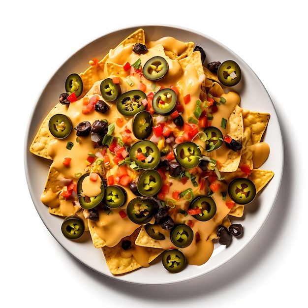 a top view photo of loaded nachos topped with jalapenos black olives and cheese sauce