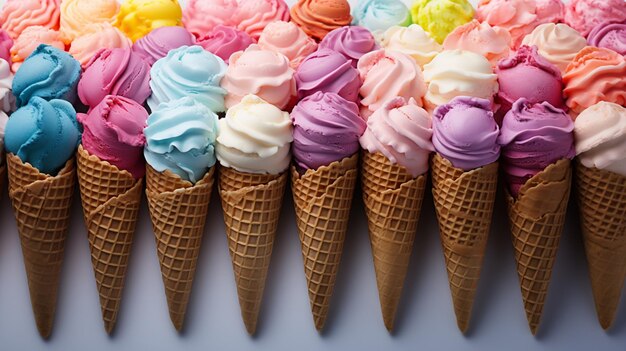 Top view photo of many ice cream colorful wafer cones minimalism isolated