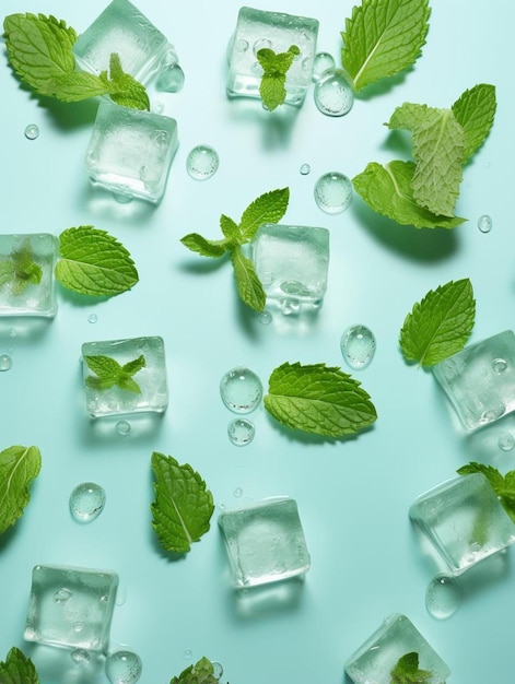 top view photo of mint leaves ice cubes and water drops on isolated pastel blue background