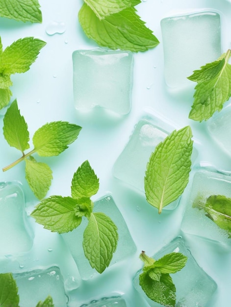 Foto vista superiore foto di foglie di menta cubetti di ghiaccio e gocce d'acqua su uno sfondo blu pastello isolato