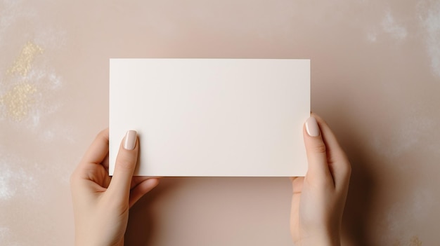 사진 격리된 파스텔 배경 빈 공간에 봉투와 흰색 카드를 들고 있는 손의 상위 뷰 사진