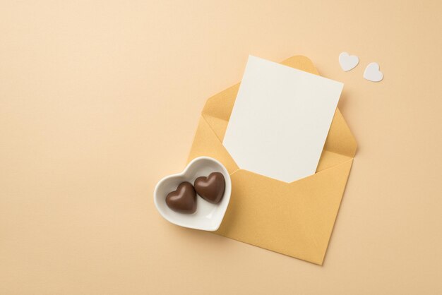 Фотография сверху открытого пастельно-желтого конверта с бумажным листом, белыми сердцами и блюдцем в форме сердца с шоколадными конфетами на изолированном бежевом фоне с пустым пространством