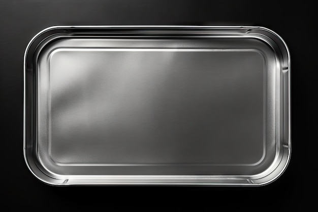 Верхний вид фото открытой квадратной консервной банки с кольцевой тягой на черном фоне