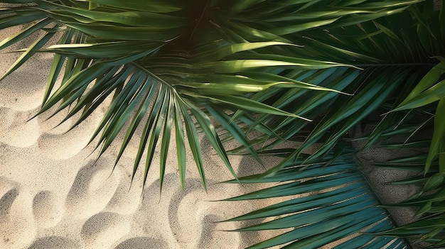 top view photo of palm leaves on isolated beach sand background with copyspace