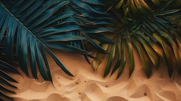 top view photo of palm leaves on isolated beach sand background with copyspace