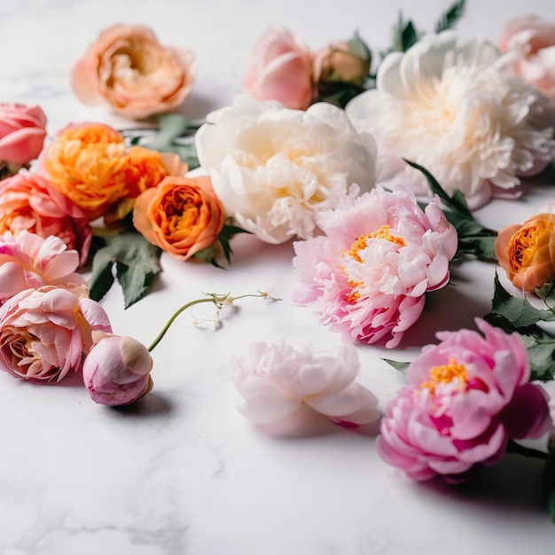 Top view photo of pink peony rose buds and sprinkles on isolated pastel background