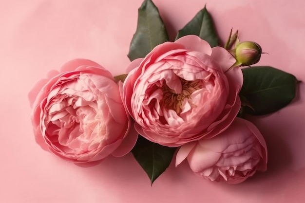 Вид сверху на фото концепции празднования Дня матери розовых пионовидных роз с генеративным искусственным интеллектом