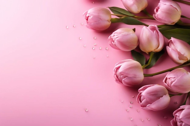 Верхний вид фотографии розовых бутонов тюльпанов и посыпаний на изолированном пастельно-розовом фоне с кописпасом