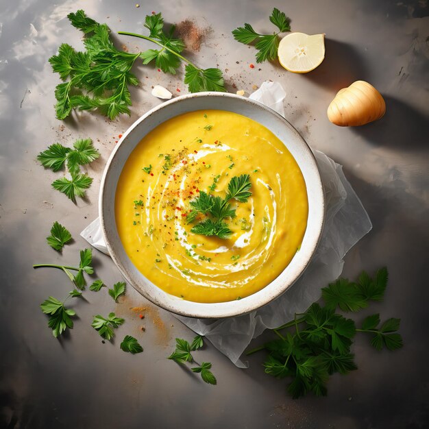 Top view photo of a plate of carrot soup with cream cheese accompanied by onion and spices Healthy dish Image created with AI