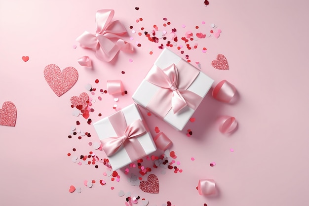 Top View Photo of Red and White HeartShaped Confetti on a White Background with Copy Space