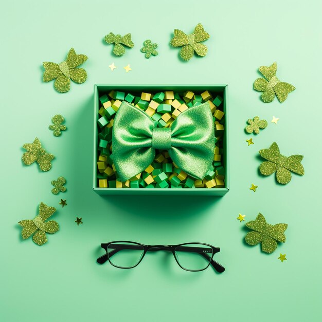 Photo top view photo of st patricks day decorations funny outfit hat shaped party glasses and green bowt