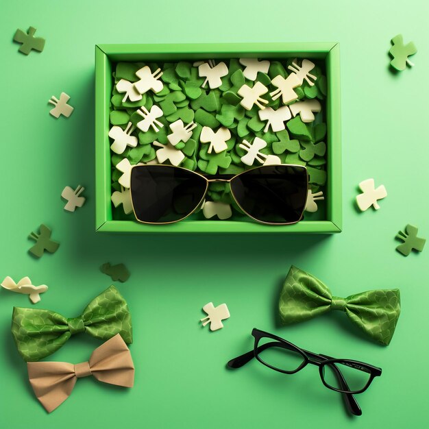 Top view photo of st patricks day decorations two green gift boxes with polka dot pattern shamrocks