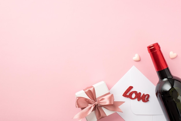 聖バレンタインの日の装飾の小さなハート ホワイト ギフト ボックスの上から見た写真空白スペースで孤立したパステル ピンクの背景にピンクの弓白い封筒の碑文の愛とワインのボトル