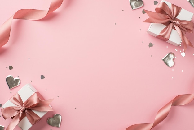 Вид сверху фото украшений ко дню святого валентина белые подарочные коробки с бантами розовая лента серебряные сердечки блестки и конфетти в форме сердца на изолированном пастельно-розовом фоне с копирайтом посередине