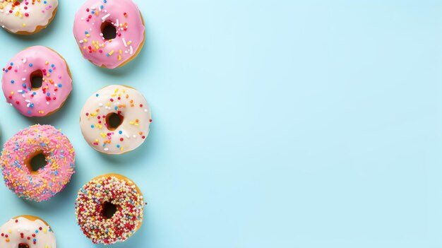 Top view photo sweet donuts with colorful candies as decorated isolated on pastel blue copy space