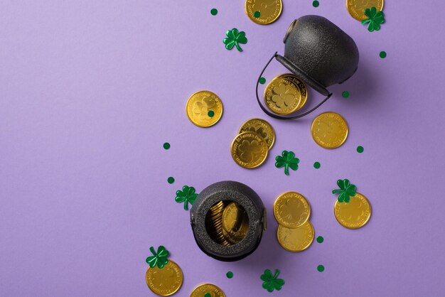 Top view photo of two black cauldrons with golden coins and confetti in shape of clovers and dots on isolated violet empty background