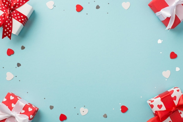 Вид сверху на фото украшений ко дню святого валентина в форме сердца, конфетти, блестки, подарочные коробки в оберточной бумаге с рисунком сердца и бантами на изолированном пастельно-голубом фоне с пустым пространством посередине