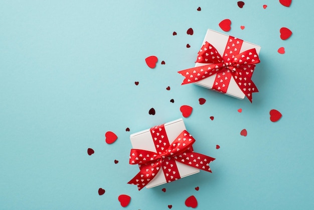 Top view photo of valentine's day decorations red hearts confetti and white gift boxes with red ribbon bows on isolated pastel blue background with copyspace