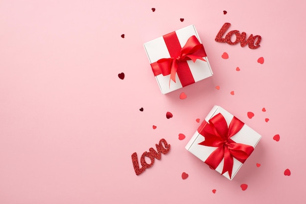 Вид сверху на фото украшений ко дню святого валентина две белые подарочные коробки с красными лентами, бантами, надписями любовь и конфетти в форме сердца на изолированном пастельно-розовом фоне с копирайтом