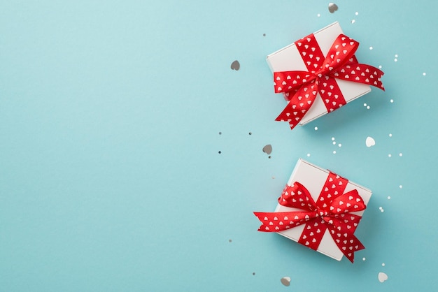 Top view photo of valentine's day decorations white gift boxes with red ribbon bows heart shaped confetti and sequins on isolated pastel blue background with copyspace