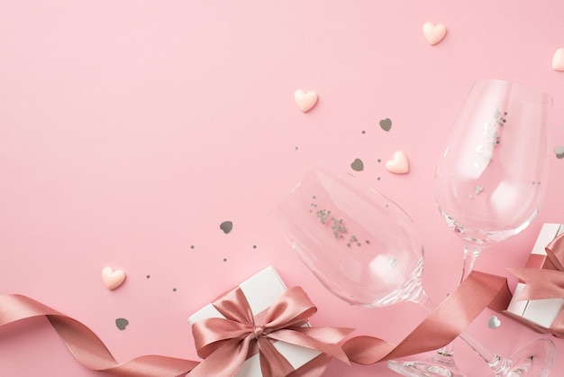 Top view photo of white gift boxes with pink satin ribbon bows small hearts two wineglasses silver sequins and heart shaped confetti on isolated pastel pink background with empty space