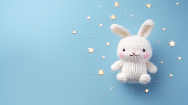 Top view photo of white knitted bunny with stars on isolated pastel blue background with copy space