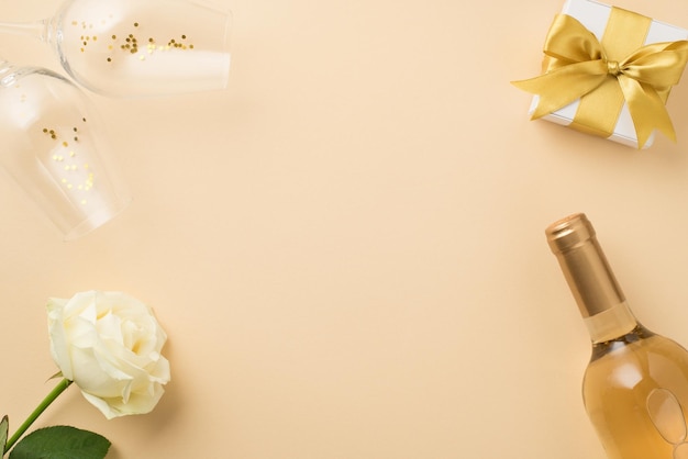 Вид сверху на фото белой розы, два бокала с золотыми блестками, бутылка белого вина и белая подарочная коробка с золотым бантом из ленты на изолированном бежевом фоне с пустым пространством посередине