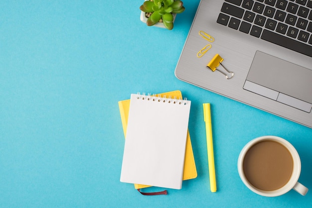 Top view photo of workplace with laptop yellow chancellery notebooks plant and cup of coffee on isolated blue background with blank space