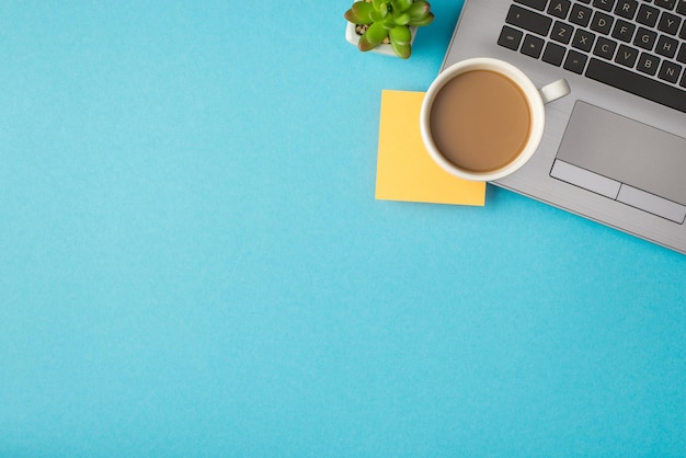 Top view photo of workplace with yellow sticker and cup of coffee on laptop plant on isolated blue background with copyspace