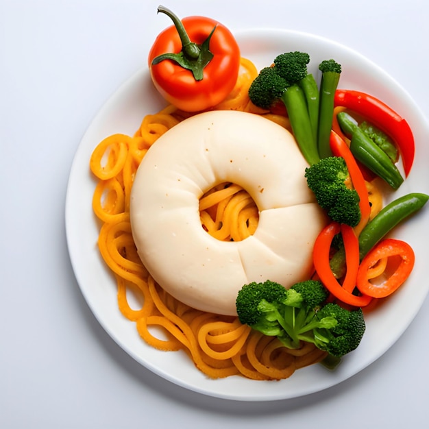 Top view photograph of Isolate cheese Pasta plate on table surrounded by vegetables and tomatoes